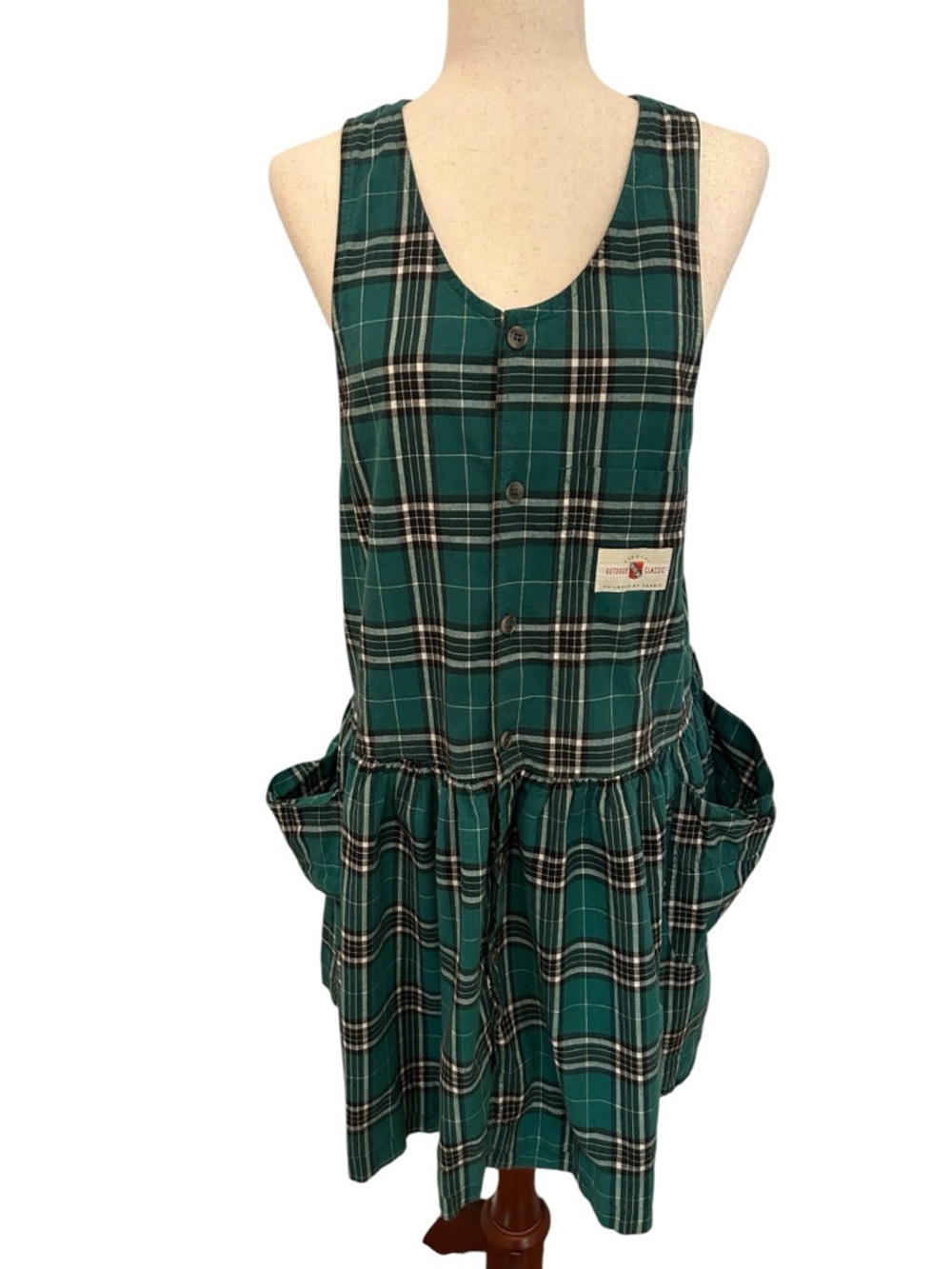 VTG 90s Esprit Plaid Pinafore Dress Green Drop Waist Med Cottagecore Grunge